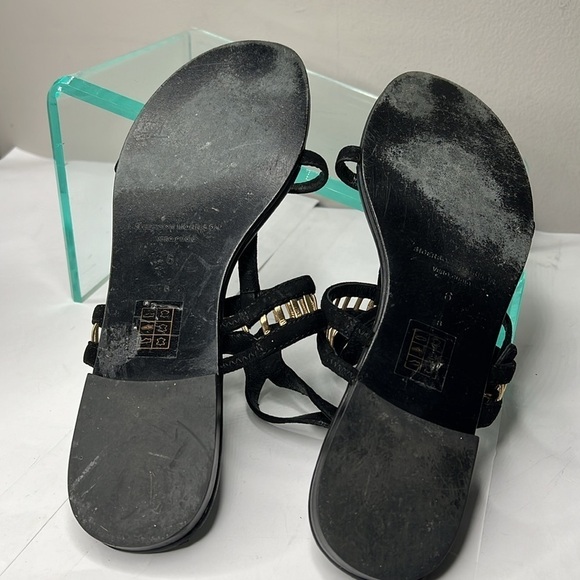 Sigerson Morrison Sz 6 Black Suede Gold Leather TStrap Ankle Strap Flat Sandals - Picture 10 of 11